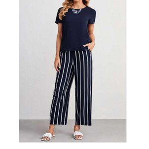 EMERY ROSE By Shein Solid Top & Striped Wide Leg Pants In Blue Size XL NWOT